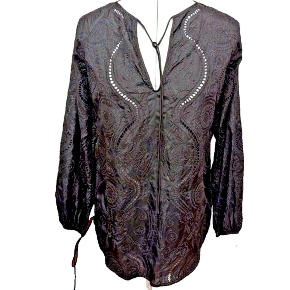 KA7 Black 100% Silk Embroidered Eyelet V-Neck Tunic Top Tie Cuff K2518-49K Small